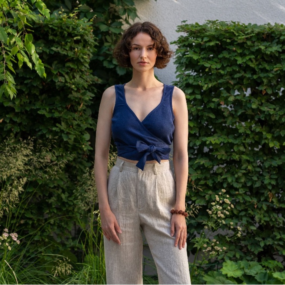 Wrap crop top sleeveless 100% linen blouse NWT